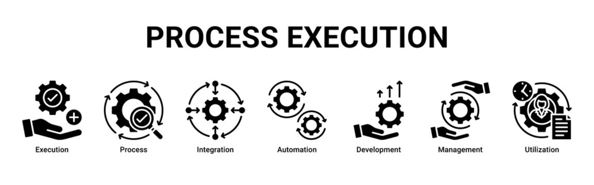Process Execution web banner icon vector illustration featuring Execution, Process, Integration, Automation, Development, Management and Utilization