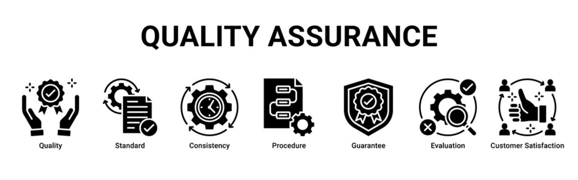 Quality Assurance web banner icon vector illustration featuring Quality, Standard, Consistency, Procedure, Guarantee, Evaluation and Customer Satisfaction