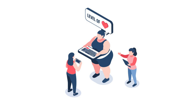 Isometric illustration of a plus-size woman using a laptop with friends.