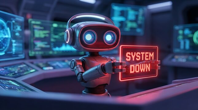 Cheery robot holding glowing red "SYSTEM DOWN" sign in futuristic control room with multiple monitors displaying data, symbolizing technology failure, artificial intelligence malfunction
