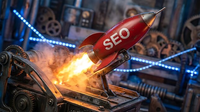 Vibrant red rocket blasting off with 'SEO' emblazoned, emitting fiery exhaust and smoke from a detailed industrial launchpad with glowing blue lights and gears, symbolizing digital marketing growth