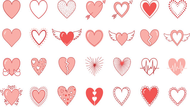 Pink Heart Icons Vector Set with Love Symbols, Arrows, Wings, Broken Hearts, Decorative Patterns, and Romantic Elements for Valentines Day Design.