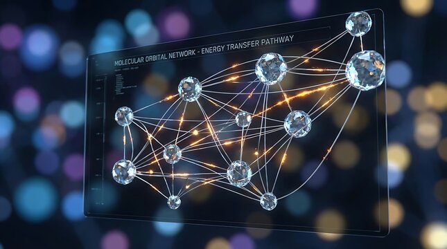 Abstract glowing molecular orbital network displaying energy transfer pathways between crystalline structures on a digital interface, symbolizing advanced science, complex systems