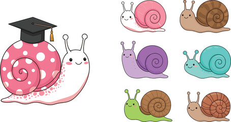 Cute snail cartoon characters set with colorful shells and graduation cap, adorable animal illustration for education, kids learning, and playful design projects © MstLinaAkter