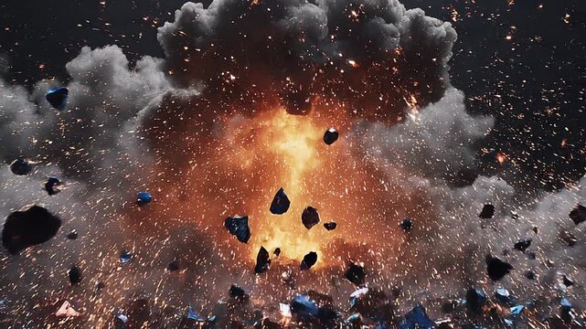 Large explosion with debris flying everywhere in a war zone