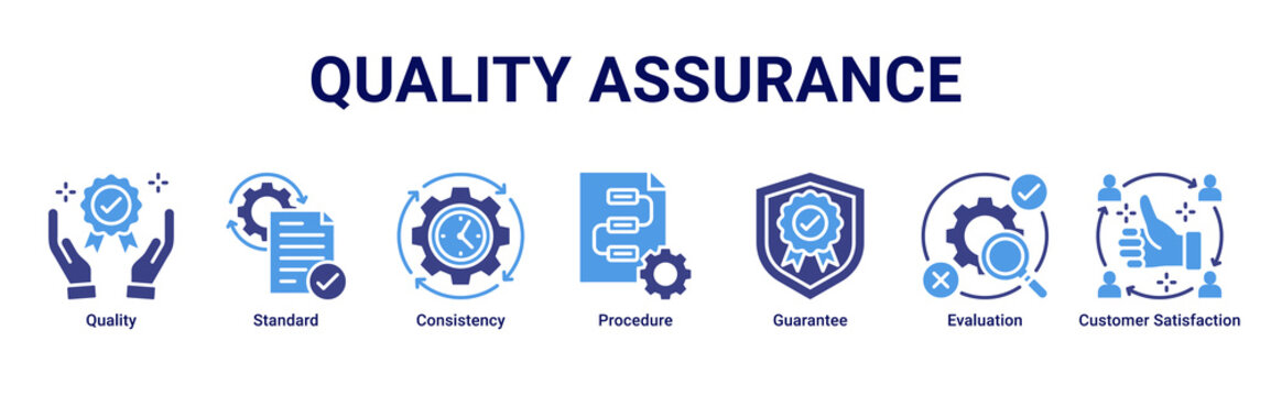 Quality Assurance web banner icon vector illustration featuring Quality, Standard, Consistency, Procedure, Guarantee, Evaluation and Customer Satisfaction