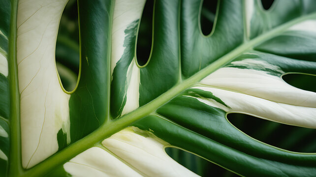 Variegated Monstera Albo deliciosa leaf macro with white patterns