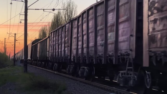 Freight Train Moving Along Railroad Track at Sunset | Long Cargo Train with Metal Wagons Passing by at Dusk | Outdoor Railway Transportation Side View
