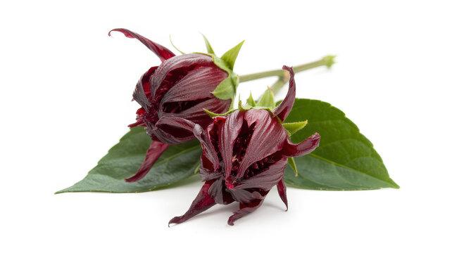 Two fresh roselle hibiscus flowers with dark red calyx and green leaves on white background