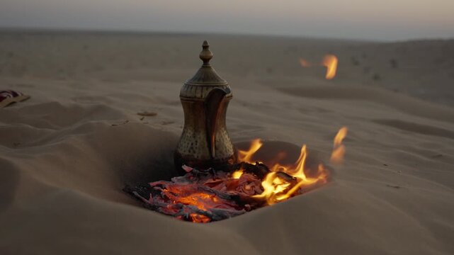 Slow Motion Arabic Coffee Kettle on Desert Fire, Cinematic Bedouin Coffee Culture at Sunset in Rub' al Khali Oman