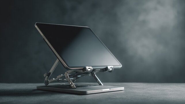 Foldable laptop stand with tablet on sleek desk showing modern ergonomic workspace setup clean style
