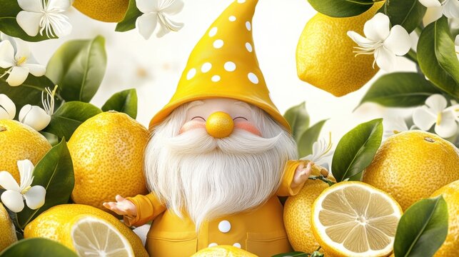 Cute cheerful gnome with lemon fruits and flowers bright citrus themed composition fresh summer concept