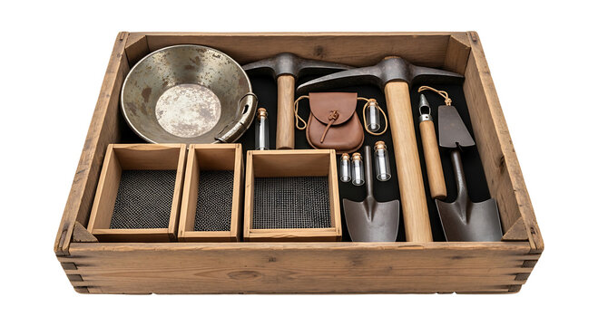 Wooden crate containing a gold prospecting and mineral exploration equipment set.