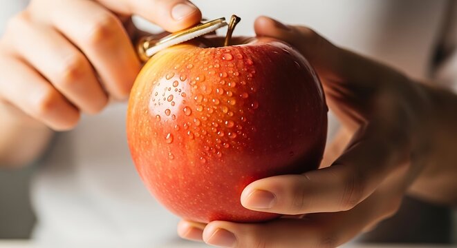 Hands Peeling Fresh Red Apple with Water Droplets