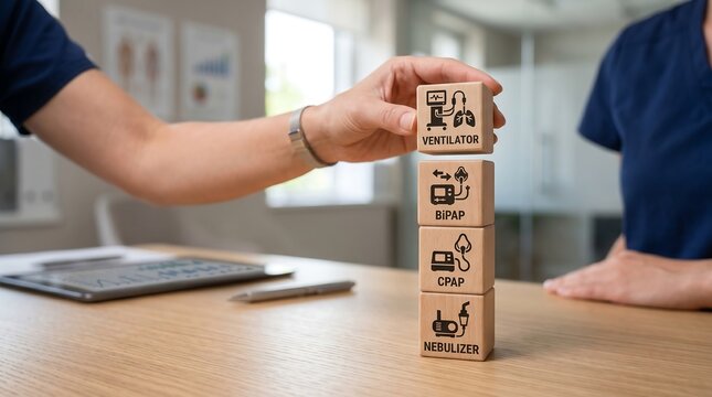 A hand stacks wooden blocks with medical icons representing ventilator BiPAP CPAP and nebulizer on a table suggesting respiratory therapy options