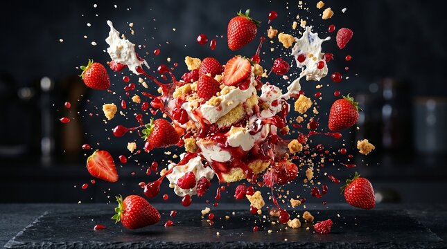 Delicious strawberry shortcake dessert exploding into pieces with fresh cream and berries suspended midair against a dark moody backdrop