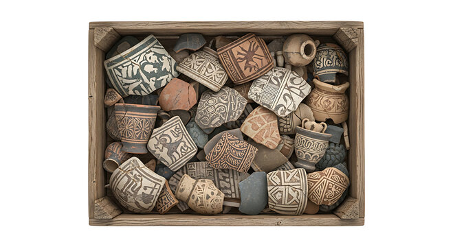 A collection of ancient broken pottery shards inside a wooden crate.