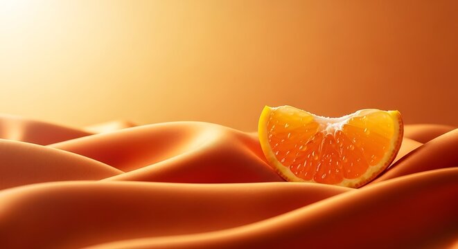 Juicy Orange Slice on Elegant Wavy Orange Silk Background