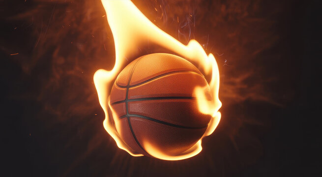 A basketball engulfed in intense orange flames against a dark black background