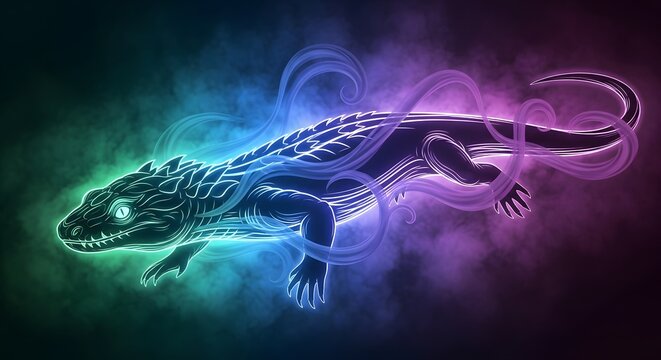 Neon glowing lizard illustration with ethereal smoke effects