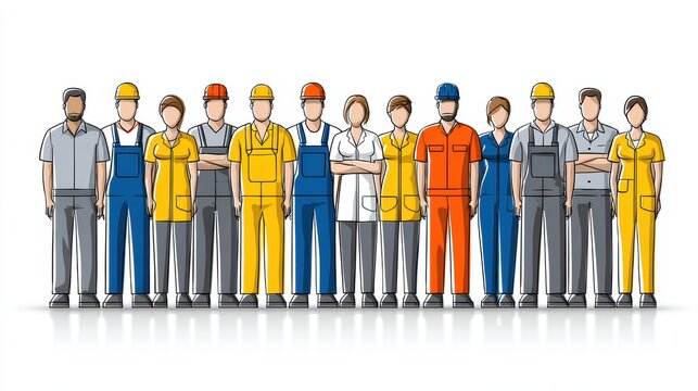 Workers in group of laborers standing in orderly formation ready for work or assignment