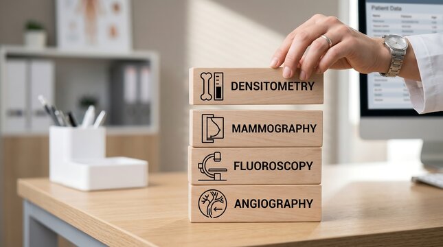 Doctors hand stacking wooden blocks with medical imaging terms like mammography and fluoroscopy on a desk in a clinic setting