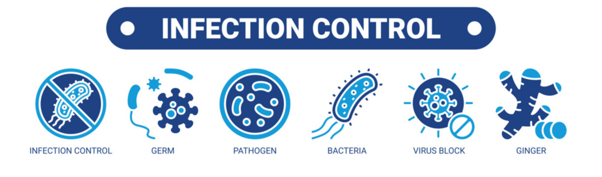 Infection Control web banner icon vector illustration concept with icons of infection control, germ, pathogen, bacteria, virus block, and ginger.