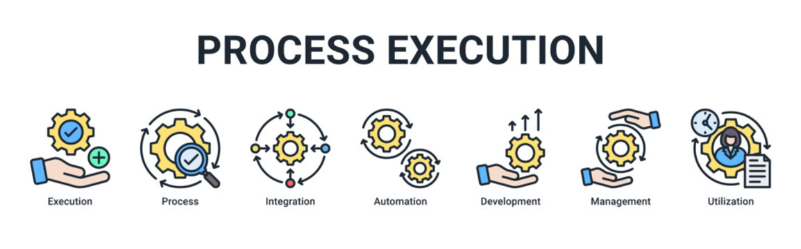 Process Execution web banner icon vector illustration featuring Execution, Process, Integration, Automation, Development, Management and Utilization