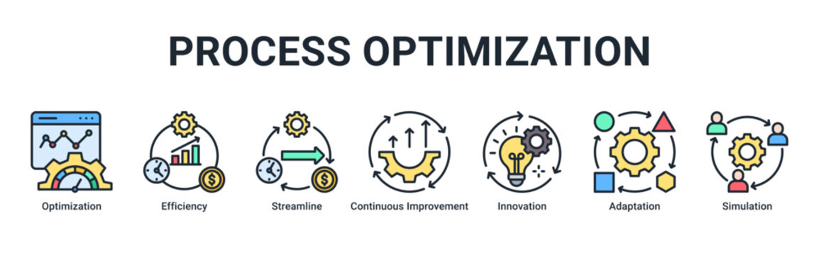 Process Optimization web banner icon vector illustration featuring Optimization, Efficiency, Streamline, Continuous Improvement, Innovation, Adaptation and Simulation