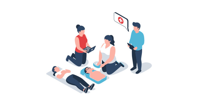 Isometric Illustration of CPR Training and First Aid Techniques.