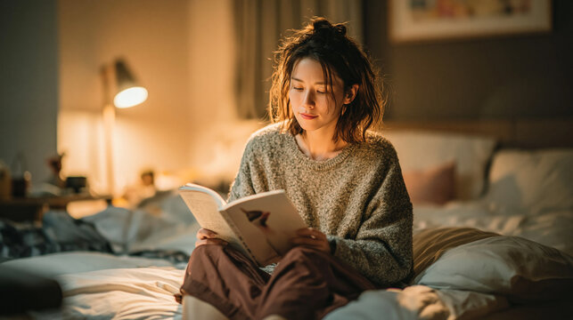 落ち着いた室内で読書を楽しむ女性のナイトタイムシーン、静かな夜とやわらかな照明が織りなす穏やかな空間でリラックスや自己時間をテーマにした高品質ビジュアル素材