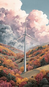 A tall wind turbine stands amidst a colorful autumn landscape with rolling hills under a dramatic, cloud-filled sky.
