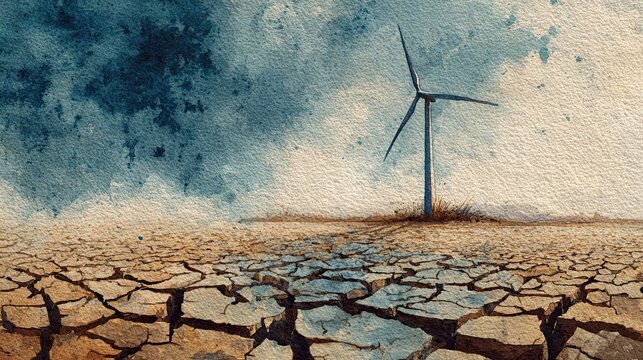 A lone wind turbine stands on cracked, dry earth beneath a stormy sky, symbolizing renewable energy amid environmental drought and climate challenges.