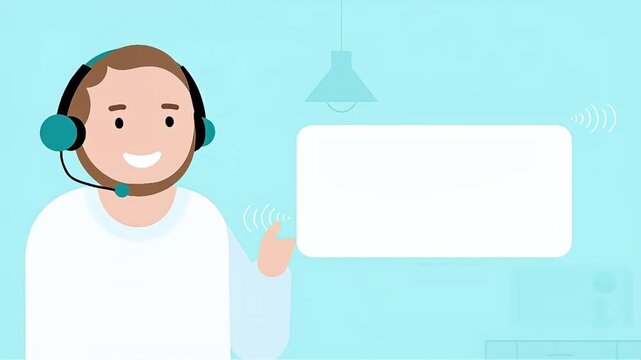 Cartoon man with headphones talking towards a blank speech bubble