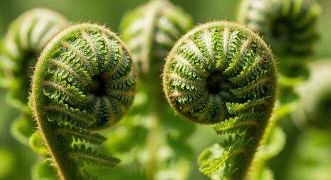 A macro shot of fern fronds unfurling (circinate vernation), looking like a fiddlehead.