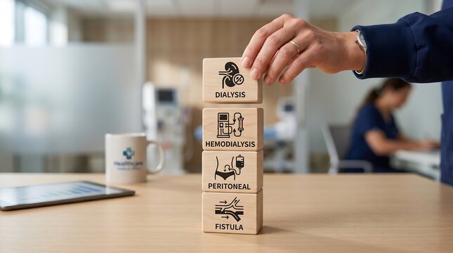Hand stacking wooden blocks with medical icons representing dialysis hemodialysis peritoneal dialysis and fistula in a clinic setting