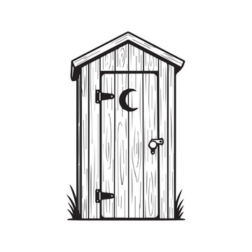 Black and white line art cartoon sketch of a rustic wooden outhouse with a crescent moon cutout
