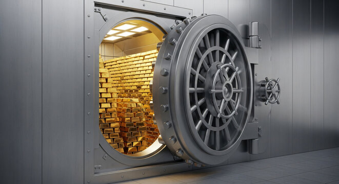 Open bank vault door revealing stacks of gold bullion bars