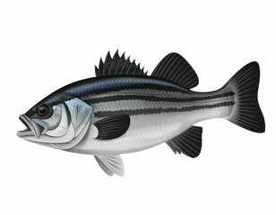 Fototapeta premium Detailed of a striped bass fish swimming isolated on a white background, side view