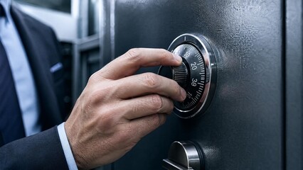 Naklejka premium Close-up of a businessman in a suit opening a secure vault with a combination lock.