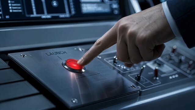Hand pressing a glowing red "LAUNCH" button on a futuristic control panel
