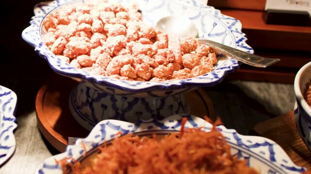Traditional Thai Buffet Selection with Jasmine Rice and Brown Rice