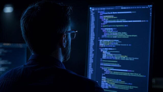 Programmer working late at night, illuminated by glowing code on multiple monitors