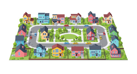 Obraz premium Vector illustration of a property listing with houses and roads in a suburban neighborhood