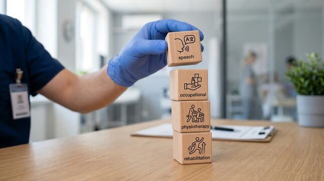 Healthcare professional wearing blue gloves stacking wooden blocks representing speech therapy occupational therapy physiotherapy and rehabilitation services