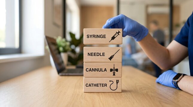 Medical professional in blue gloves stacking wooden blocks labeled with syringe needle cannula and catheter representing healthcare concepts
