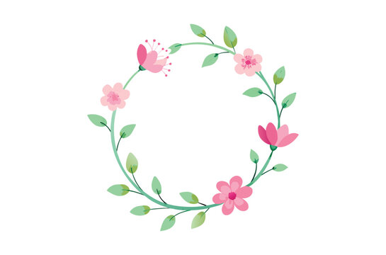 A delicate floral wreath composed of pink blossoms and green leaves