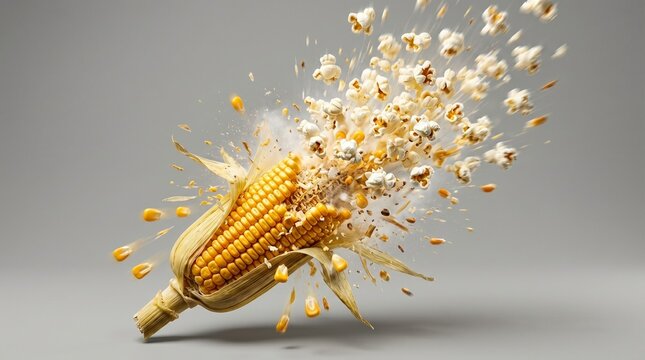 Popcorn exploding from a fresh corn cob isolated on a grey background for food marketing projects featuring cinematic high speed photography style capturing the snack dynamic motion and textures of or
