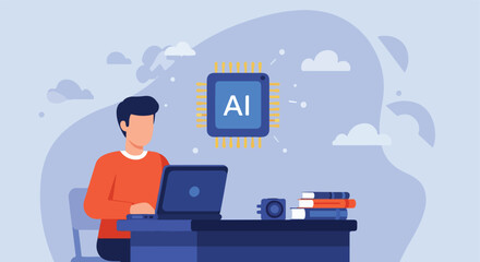 Fototapeta premium A man sitting at a desk with a laptop working on artificial intelligence tech