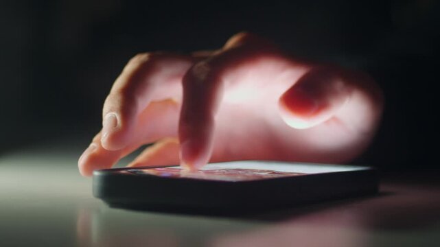Mobile phone addiction concept, male hand endlessly scrolling social feed shows negative impact of digital dependence. Mobile phone glow in darkness reflects compulsive online behavior, loss of focus